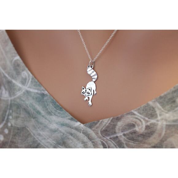Sterling Silver Heart Crystal Raccoon Pendant Necklace For Women Sterling Silver Raccoon Pendant Necklace, Raccoon Charm Necklace